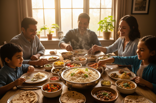 Family enjoying a meal with basmati rice