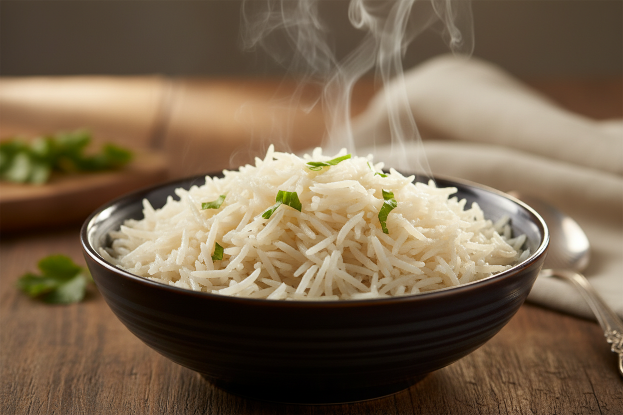 Close-up of fluffy cooked basmati rice